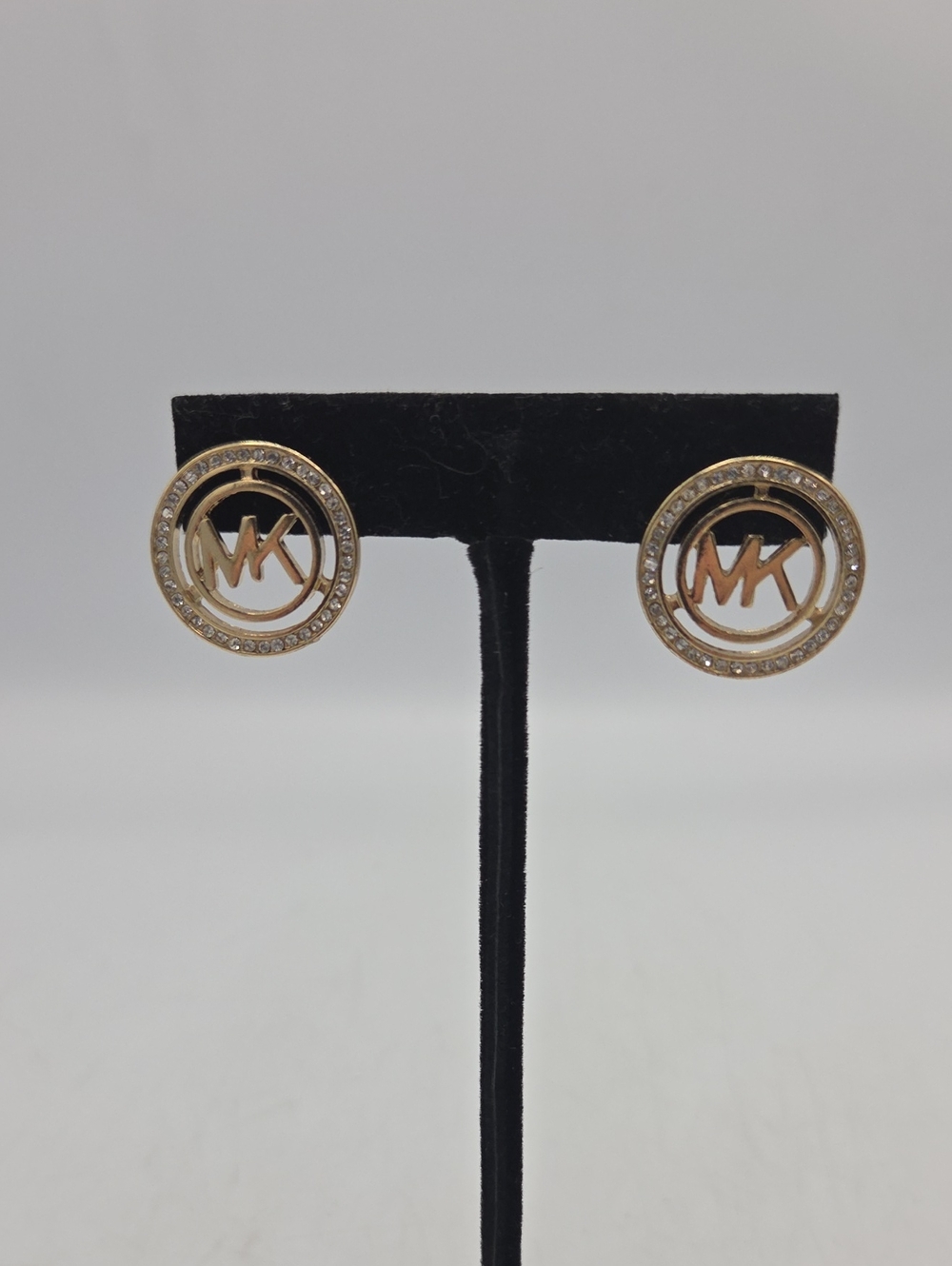 Michael Kors Gold-Tone Crystal Round MK Logo Stud Earrings